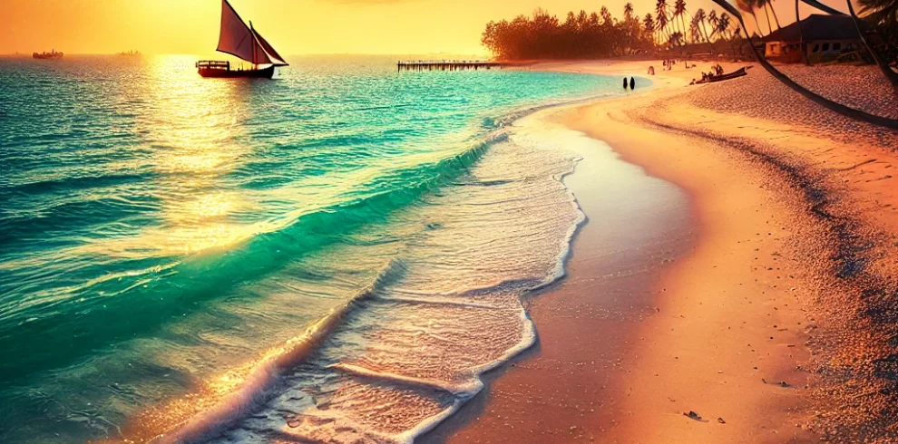 DALL·E 2024-09-30 10.21.40 – A stunning coastal scene of Portuguese Island, Mozambique at sunset. The island’s pristine white sandy beach stretches into the turquoise waters of th