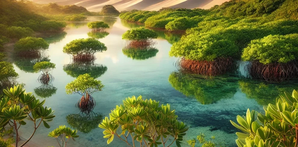 DALL·E 2024-10-01 15.22.32 – A peaceful morning scene in Pomene, Mozambique, featuring its famous mangroves, lagoon, and sand dunes. The lush green mangroves are growing by the ed