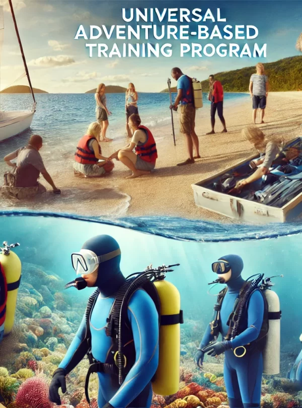 DALL·E 2024-10-25 13.13.57 – A universal adventure-based training program scene set by the coast, showing diverse people engaged in activities like yachting, scuba diving, and mar